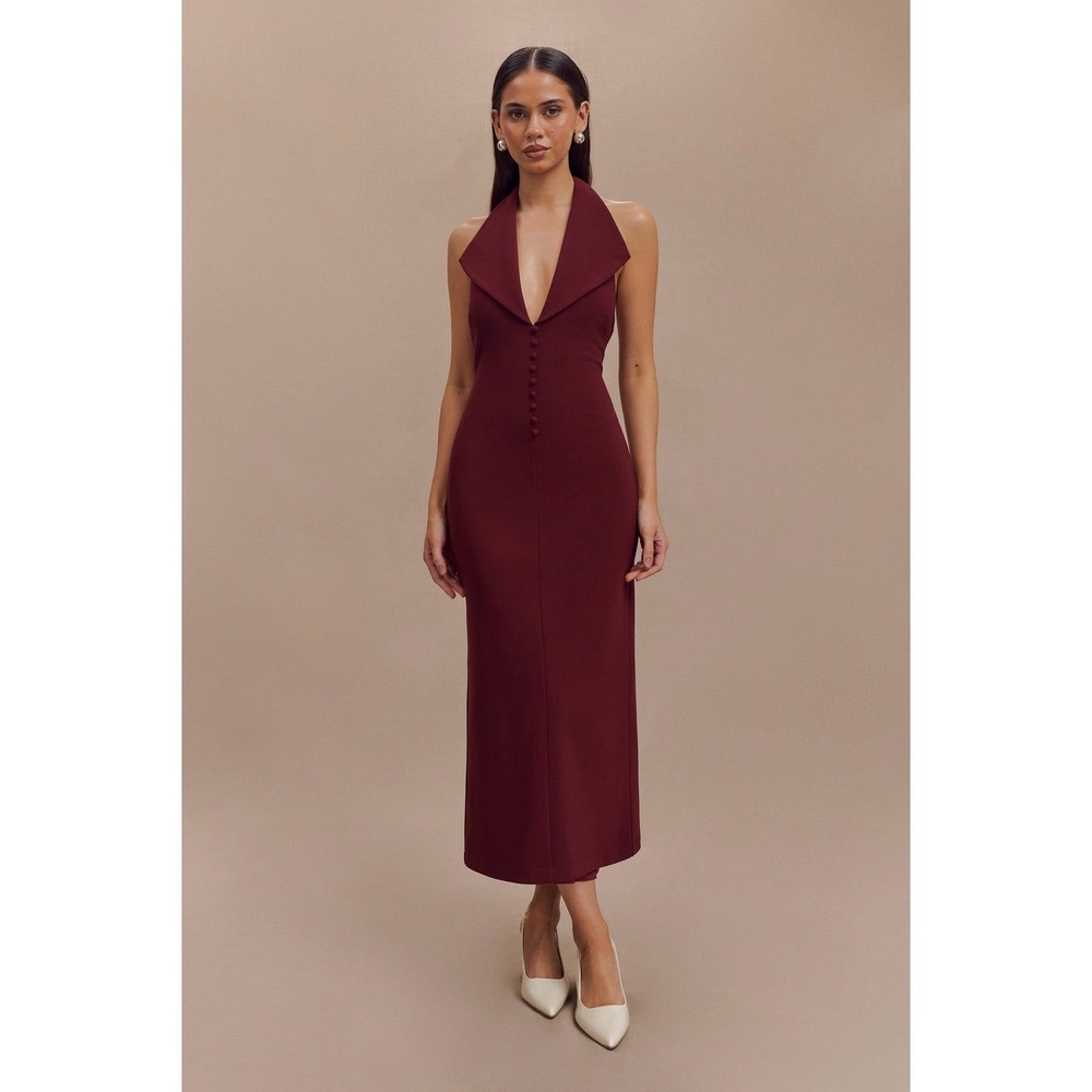 MESHKI Annita Crepe Halter Midi Dress Merlot Open Back Size M